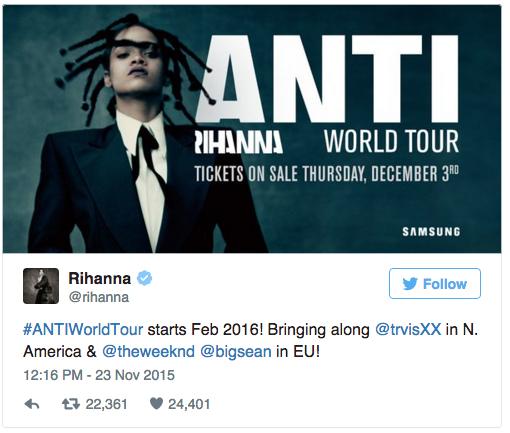 Rihanna Announces #ANTIWorldTour With The Weeknd, Big Sean 