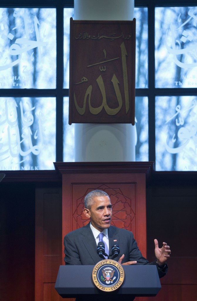 President Barack Obama speaks to members of the Muslim-American community at the Islamic Society of Baltimore, Wednesday, Feb. 3, 2016, in Baltimore, Md. Obama is making his first visit to a U.S. mosque at a time Muslim-Americans say they're confronting increasing levels of bias in speech and deeds.(AP Photo/Pablo Martinez Monsivais)