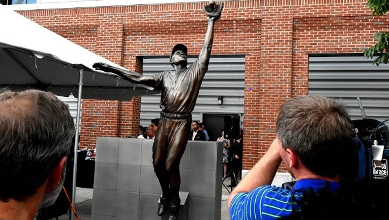 The new statue of Willie Mays at Birmingham's Regions Field calls attention to his outfield work, in contrast with other statues of Mays that depict his role as a hitter. (Solomon Crenshaw Jr. photos, Alabama NewsCenter)