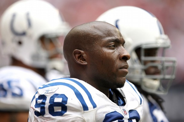 HOUSTON - NOVEMBER 29: Defensive end Robert Mathis #98 of the Indianapolis Colts looks on during the game with the Houston Texans on November 29, 2009 at Reliant Stadium in Houston, Texas. The Colts won 35-27. (Photo by Stephen Dunn/Getty Images)