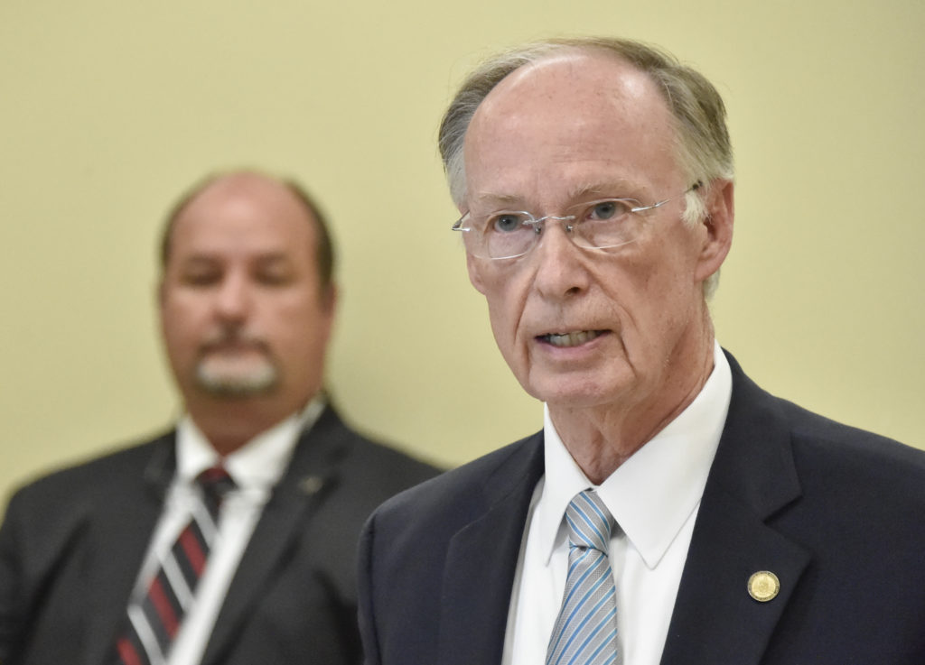 Alabama Gov. Robert Bentley speaks during a news conference at Limestone Correctional Facility in Harvest, Ala., Monday, April 4, 2016. Bentley says he is asking people for their forgiveness after his admission of inappropriate behavior with a former top aide. Embattled Alabama Gov. Robert Bentley emptied his leftover campaign funds to pay legal bills as his faced an impeachment push and fallout from a scandal.(Bob Gathany/AL.com via AP)