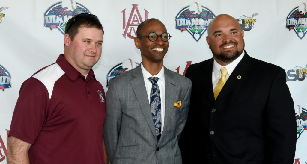 Promoter Prentiss Hill is flanked by Alabama A&M baseball coach Mitch Hill, left, and Alabama State baseball coach José Vazquez. Their teams will meet in the third Magic City Diamond Classic. This year's game is at Regions Field. (Solomon Crenshaw Jr., for The Birmingham Times) 