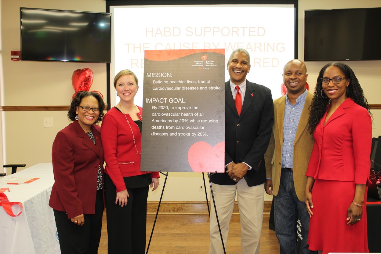 Employees of the Housing Authority of the Birmingham District recently celebrated their collaboration with the American Heart Association/American Stroke Association. From left: Cassandra Smith Mynatt, healthy living coordinator; Lauren Roden, vice president of the American Heart Association’s Birmingham Division; HABD President/CEO Michael Lundy; HABD Board of Commissioners Chairman Cardell Davis and Nadia Richardson AHA/ASA multicultural initiatives director (Jacqueline French/HABD).