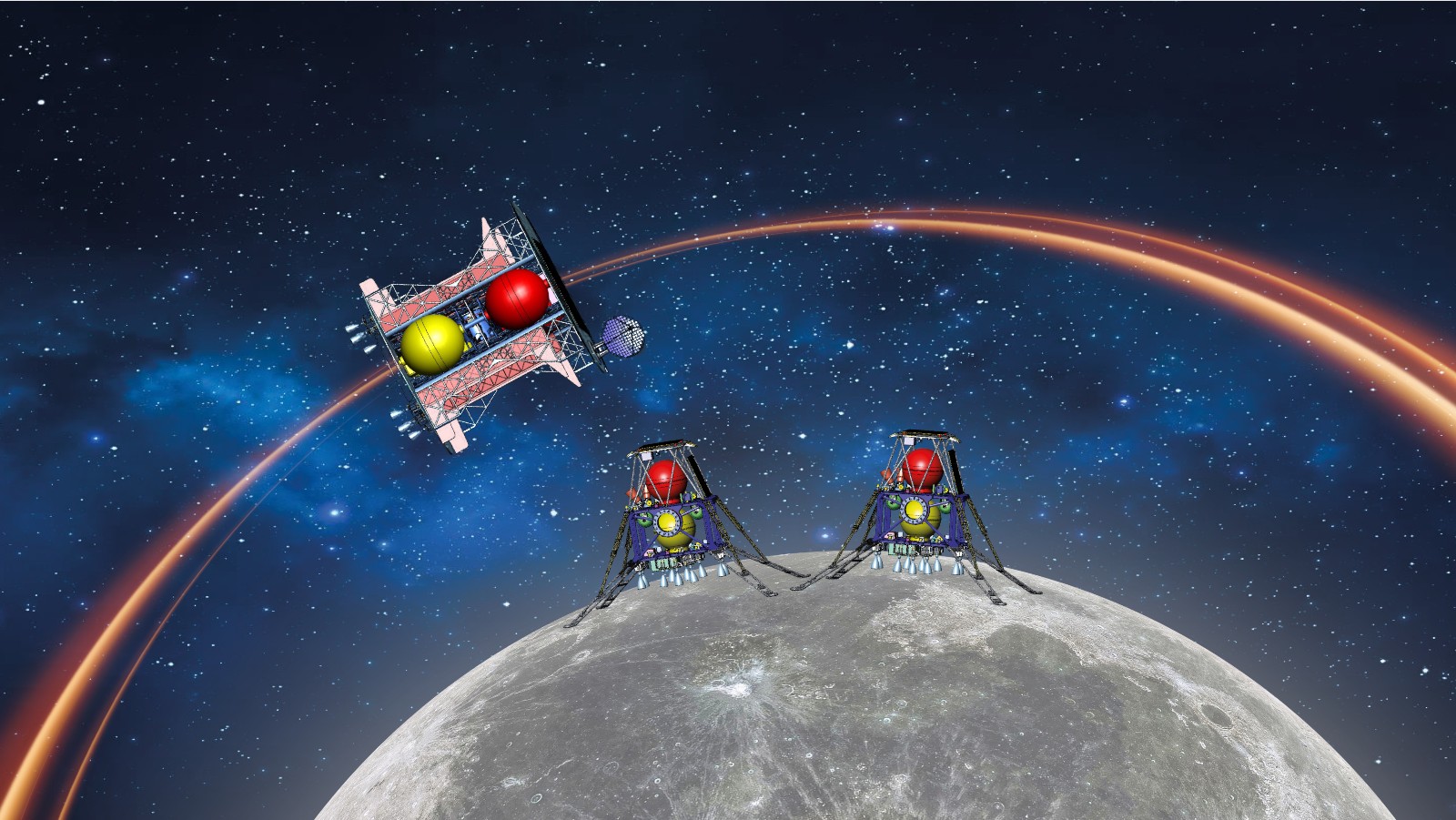 Illustration of the Beresheet 2 Moon mission. The two lunar landers and a lunar orbiter could break several records in outer-space history, including a double landing on the moon in one mission, and launching the smallest-ever spacecraft. (Courtesy of SpaceIL)