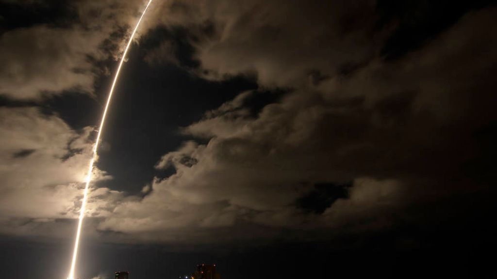 A United Launch Alliance Atlas V rocket with the Lucy spacecraft aboard is seen in this 2-minute and 30-second exposure photograph as it launches from Space Launch Complex 41 at Cape Canaveral Space Force Station in Florida on Oct. 16, 2021. (NASA, Bill Ingalls/Zenger)