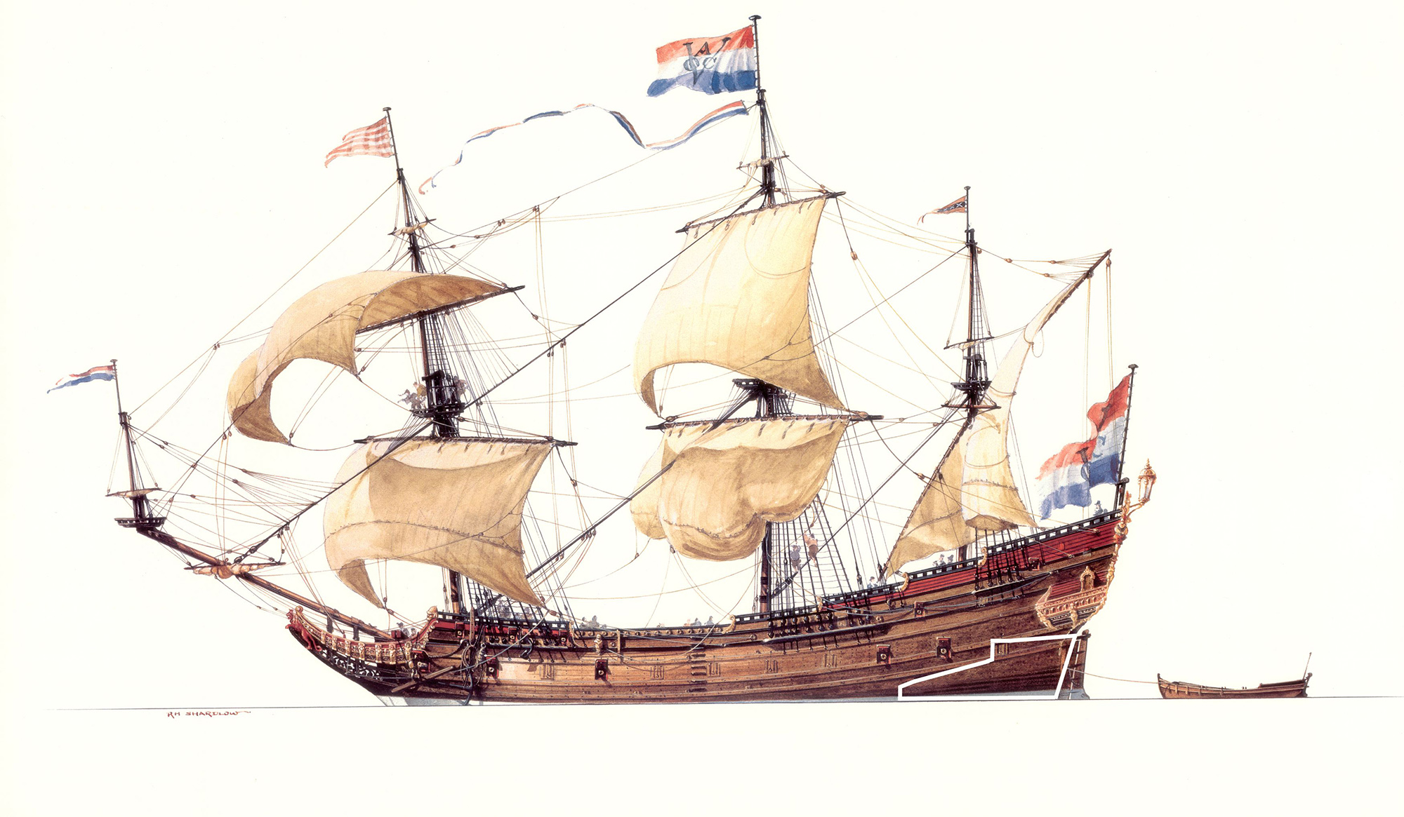 Artist's impression of the 1629 Dutch ship Batavia. The white line indicates the preserved section of the port-side transom raised from the shipwreck site. (Ross Shardlow/Zenger)