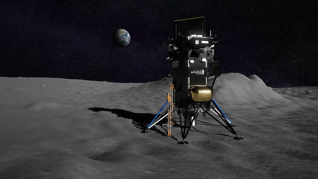 Illustration of Intuitive Machines’ Nova-C lander with a depiction of NASA’s Polar Resources Ice-Mining Experiment-1 (PRIME-1) attached to the spacecraft on the surface of the moon. (Intuitive Machines/Zenger)