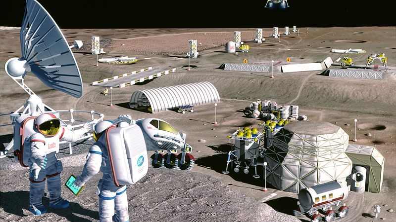A rendering of an envisioned lunar mining facility where miners harvest oxygen from the volcanic soil of Mare Serenitatis. A new study has confirmed the presence of large carbon dioxide cold traps at the moon's southern pole, which could host frozen CO2, another valuable resource for future missions. (NASA)
