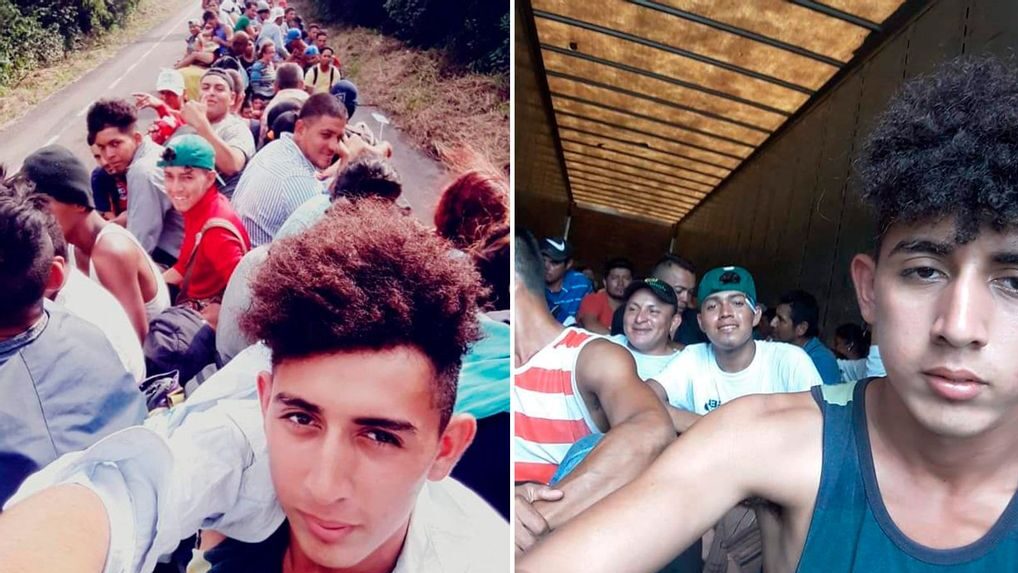 The migrants' journey to the United States is full of risks. In the picture, Fernando Hernández travels on top of a trailer (left) and inside a trailer container with three friends and many other migrants (right). (Courtesy of Fernando Hernández)