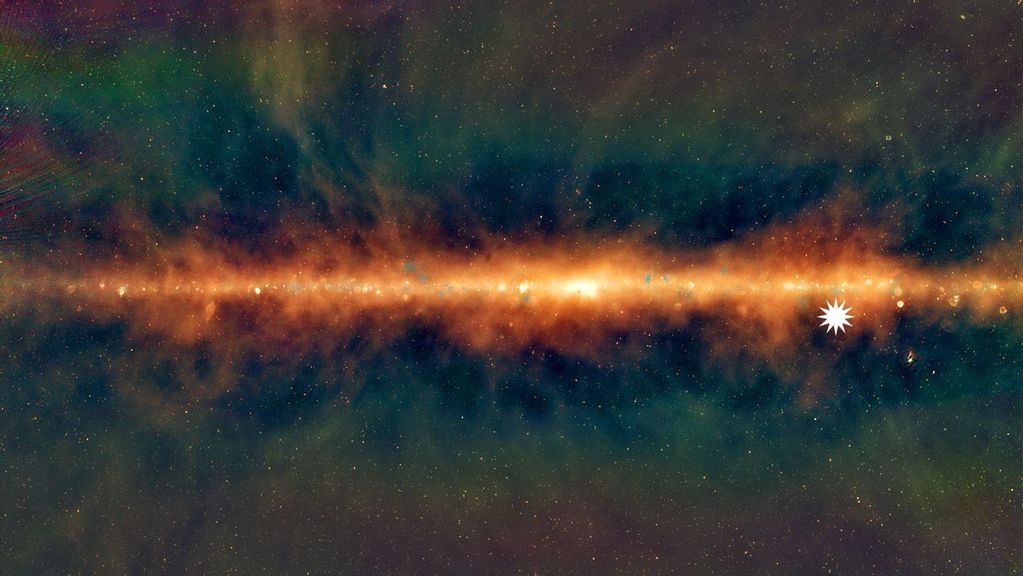 The Murchison Widefield Array radio telescope in Australia offered a new view of the Milky Way. Above, the lowest frequencies are in red, middle frequencies in green, and the highest frequencies in blue. The star icon shows the position of the mysterious object emitting intermittent signals. (Natasha Hurley-Walker/International Centre for Radio Astronomy Research/Curtin University/GLEAM)
