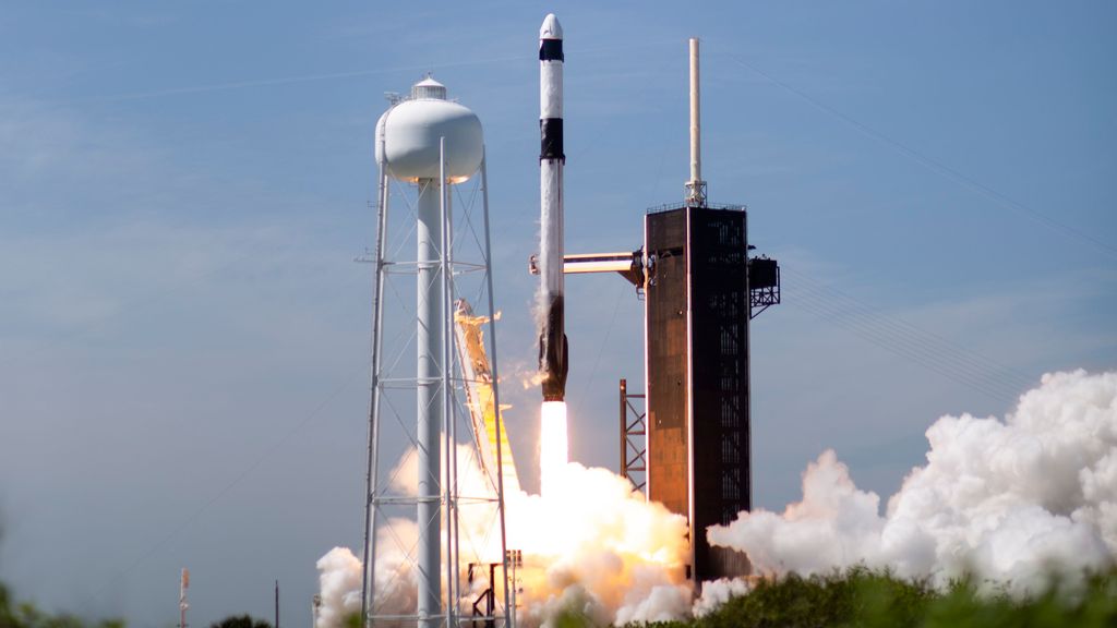 In this NASA handout, A SpaceX Falcon 9 rocket carrying the company's Crew Dragon spacecraft is launched on Axiom Mission 1 (Ax-1) to the International Space Station with Commander Michael López-Alegría of Spain and the United States, Pilot Larry Connor of the United States, and Mission Specialists Eytan Stibbe of Israel, and Mark Pathy of Canada aboard, Friday, April 8, 2022, at NASAs Kennedy Space Center in Florida. The Ax-1 mission is the first private astronaut mission to the International Space Station. López-Alegría, Connor, Pathy, Stibbe launched at 11:17 a.m. from Launch Complex 39A at the Kennedy Space Center to begin their 10-day mission. (Photo by Joel Kowsky/NASA via Getty Images)
