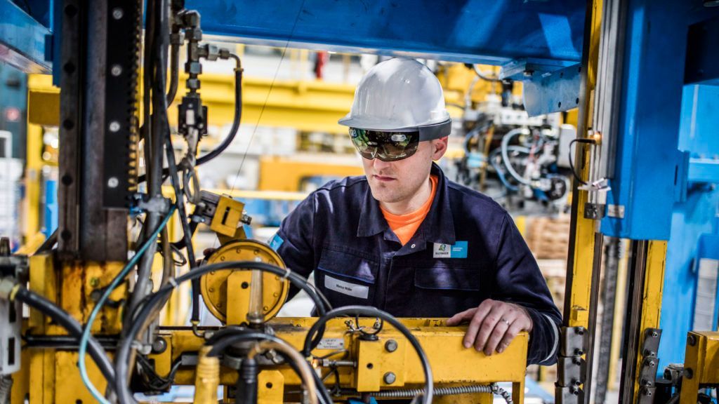 An undated photo of a Bilfinger plant worker wearing Microsoft's HoloLens glasses. (Courtesy of Microsoft)