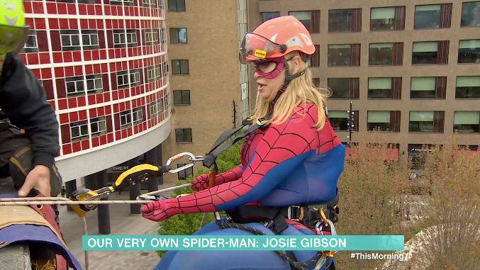 Josie Gibson stunned viewers by abseiling down the iconic TV Centre in London dressed as Spider-Man. (Matthew Newby/Zenger)