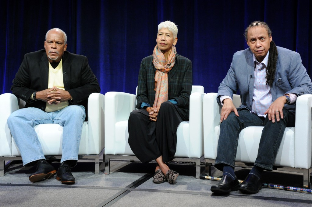 Director Stanley Nelson Jr., from left, Ericka Huggins and Jamal Joseph participate in "The Black Panthers" panel at the PBS Winter TCA on Tuesday, Jan. 19, 2016, in Pasadena, Calif. (Photo by Richard Shotwell/Invision/AP)