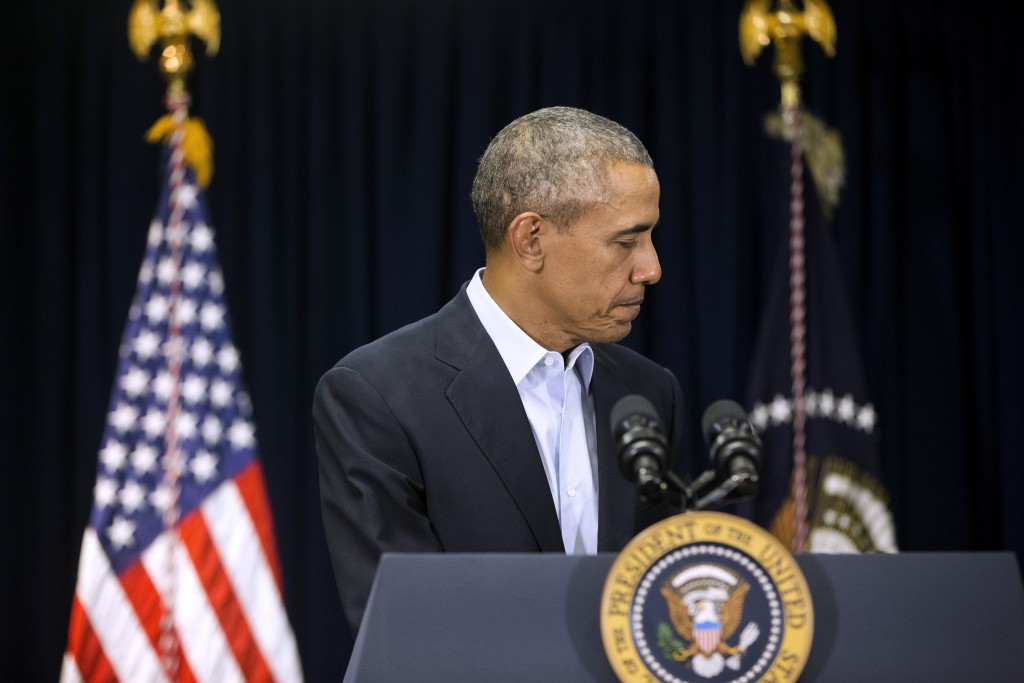 President Barack Obama finishes speaking to reporters about the death of Supreme Court Justice Antonin Scalia at Omni Rancho Las Palmas in Rancho Mirage, CA. Saturday, Feb. 13, 2016. Scalia, 79, was found dead Saturday morning at a private residence in the Big Bend area of West Texas. (AP Photo/Pablo Martinez Monsivais)