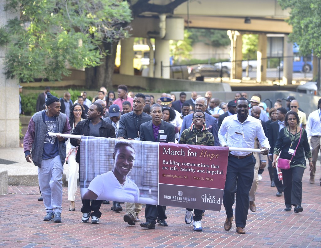 After the opening session for the conference the attendees participated in the March for Hope to the Birmingham Civil Rights Institute. The opening session for the 2016 Cities United and March for Hope Tuesday May 3, 2016 in Birmingham, Alabama.  (The Birmingham Times / Frank Couch)