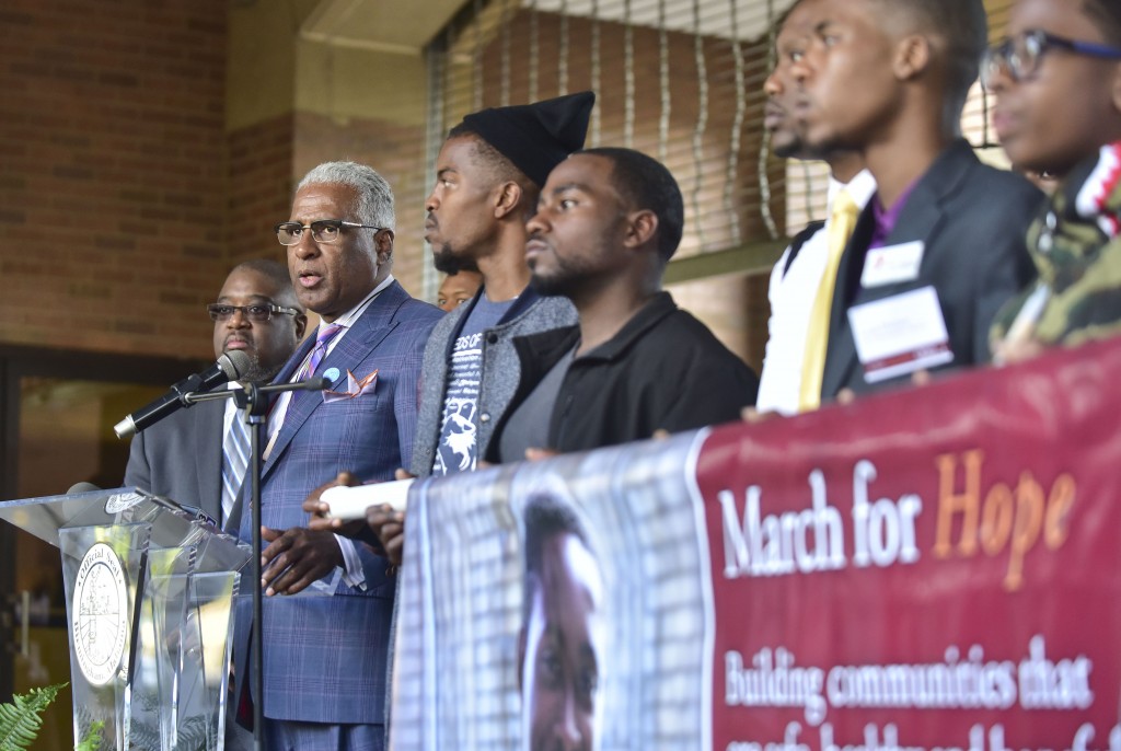 A brief press conference was held at the conclusion of the March for Hope at the Birmingham Civil Rights Institute. The opening session for the 2016 Cities United and March for Hope Tuesday May 3, 2016 in Birmingham, Alabama.  (The Birmingham Times / Frank Couch)