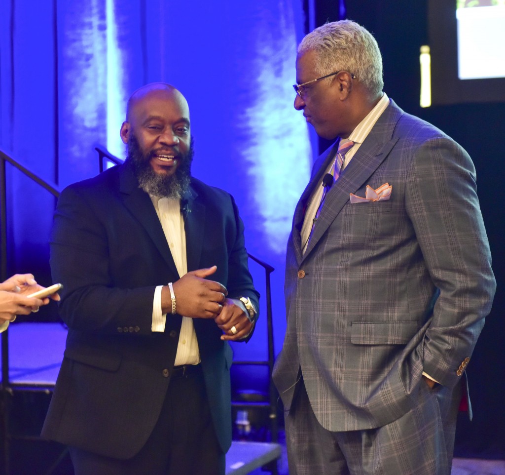 Cities United Executive Director Anthony Smith and Birmingham Mayor William Bell speak before the conference opened. The opening session for the 2016 Cities United and March for Hope Tuesday May 3, 2016 in Birmingham, Alabama.  (The Birmingham Times / Frank Couch)