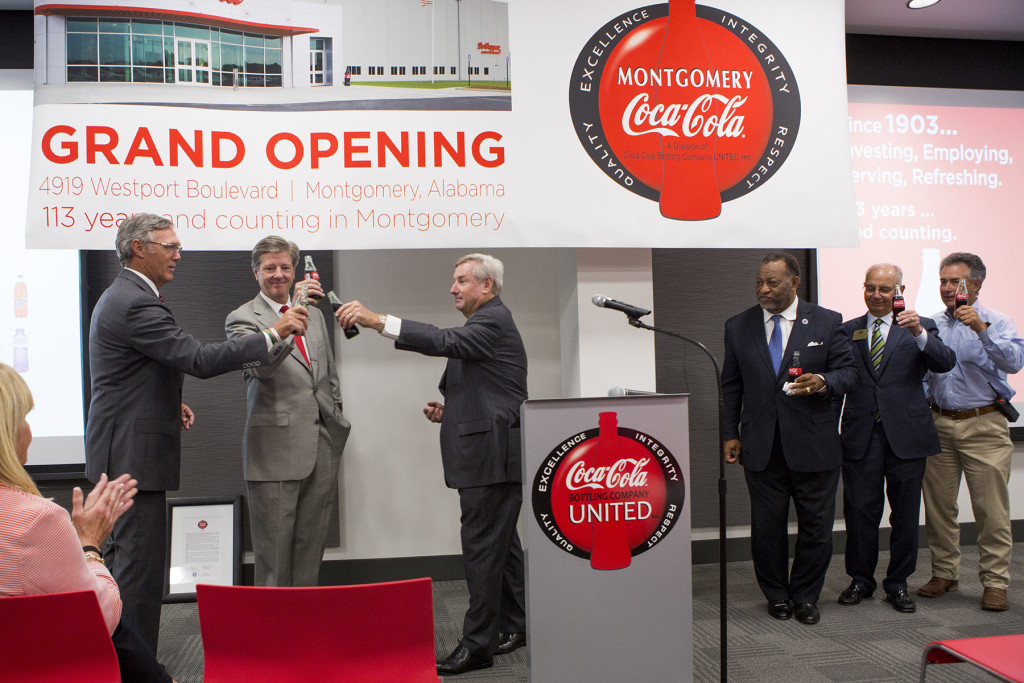Left to Right:  John H. Sherman, Chief Executive Office, Coca-Cola Bottling Company UNITED, Claude B. Nielsen, Chairman of the Board, Coca-Cola Bottling Company UNITED, Montgomery Mayor Todd Strange, Montgomery County Commission Chairman Elton N. Dean Sr., Montgomery Chamber Board Chairman A. Bruce Crawford and Prattville Mayor Bill Gillespie Jr.  
