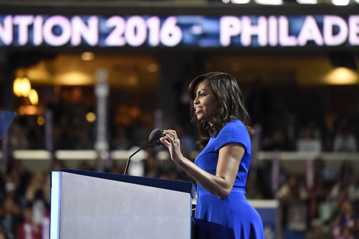First Lady Michelle Obama speaking at the Democratic National Convention. (ABC/ Ida Mae Astute)