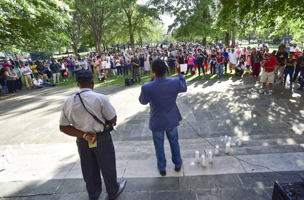 Birmingham City Council President Jonathan Austin speaks to the crowd. A solidarity protest and march held at Kelly Ingram Park saw hundreds of people listen to speakers, chant and march to Birmingham Police Headquarters. (Frank Couch / The Birmingham Times)
