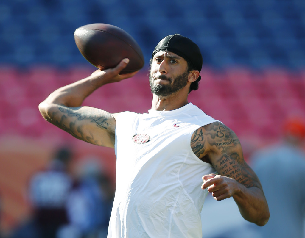 San Francisco 49ers quarterback Colin Kaepernick warms up before the team's preseason NFL football game against the Denver Broncos, Saturday, Aug. 20, 2016, in Denver. (Jack Dempsey, Associated Press