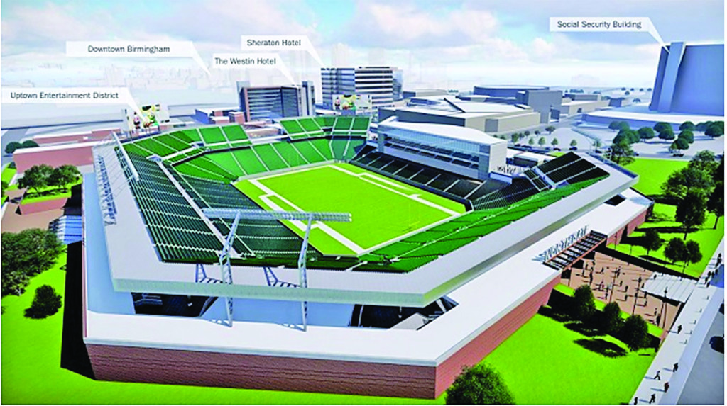 The 45,000-seat open-air stadium would be built north of Uptown and could be expanded to 55,000 seats. Designers spoke with the University of Alabama at Birmingham and ESPN, which produces the annual Birmingham Bowl, to gauge their needs and input (provided photo)