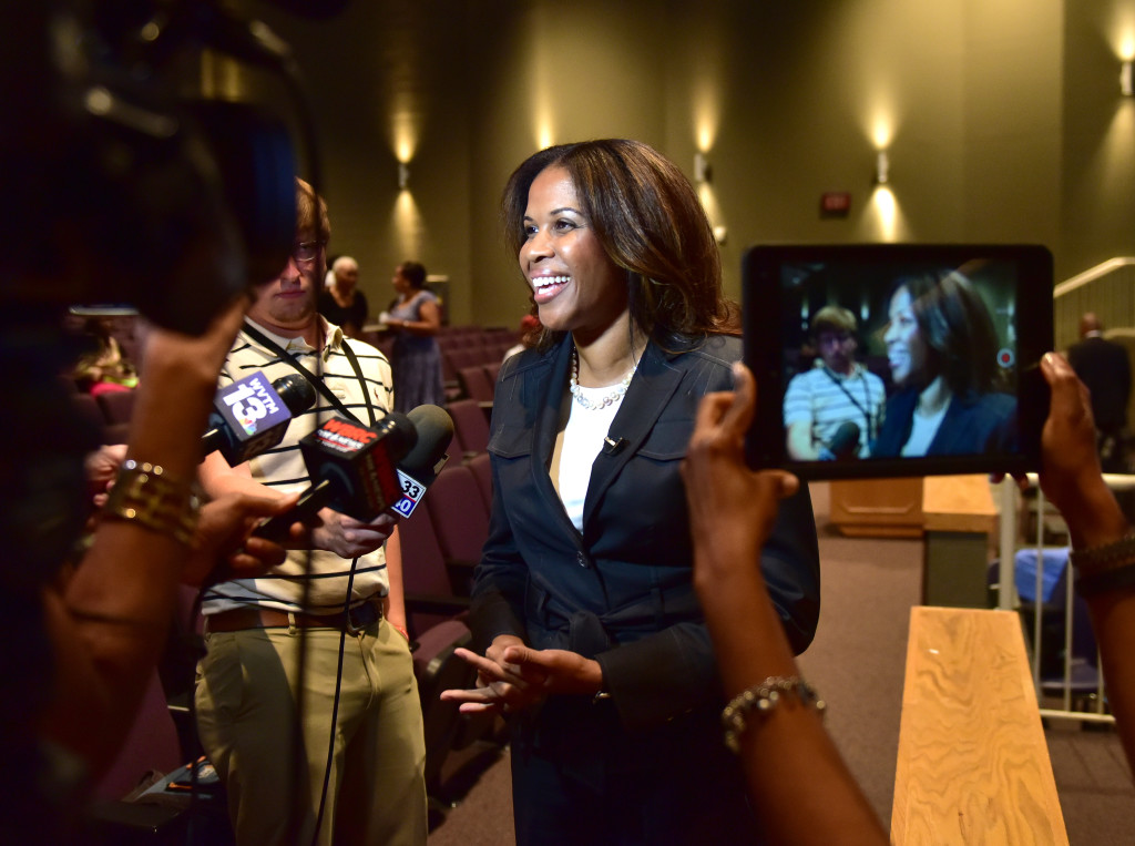Dr. Kelley Castlin-Gacutan  conducts interviews after a  special called board meeting held July 26 at Parker High School. Castlin-Gacutan also met with recent system retirees at a banquet held in their honor at Parker. (Frank Couch photos, The Birmingham Times)