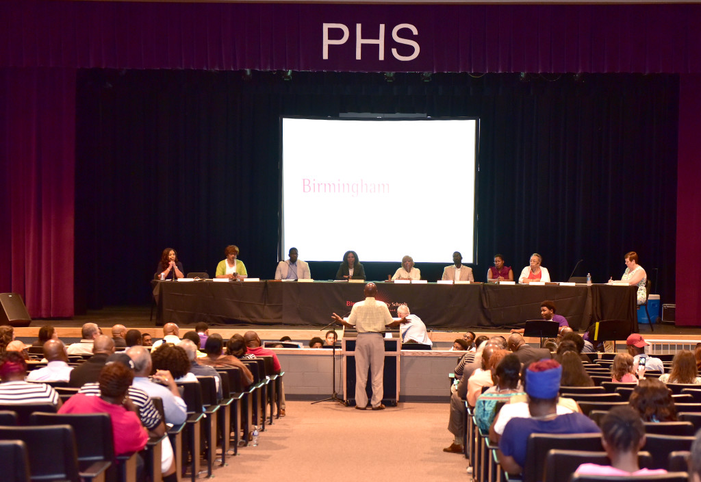 Dr. Castlin-Gacutan called a special board meeting last month at Parker High. Earlier this year, the Alabama State Department of Education designated 18 Birmingham City Schools as failing, meaning the schools' test scores fell in the bottom six percent of those across the state. Gastlin-Gacutan's goal is to get those schools of that list. (Frank Couch photos, The Birmingham Times)