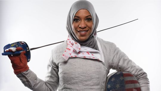 Ibtihaj Muhammad speaks out against Islamophobia and is celebrated for making sports history as the first Black Muslim woman to represent the United States in hijab. (US Olympics photo)