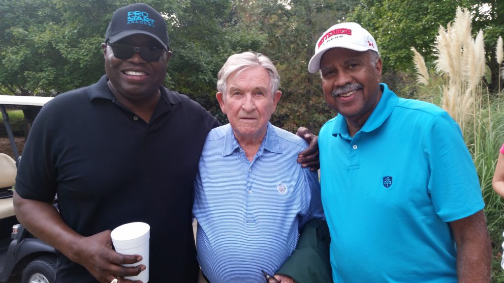 From left, Gary Burley, his former University of Pittsburgh coach Johnny Majors and Fred Mitchell. The trio gathered at the conclusion of last Thursday's charity golf tournament at Greystone Country Club.