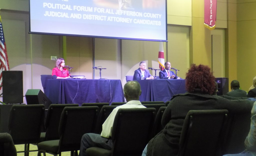 (From right) Candidates Elizabeth French, Michael Glover, and Clyde Jones speak to voters during Monday's forum held at Guiding Light Church by The Gatekeepers Association. (Monique Jones, The Birmingham Times)