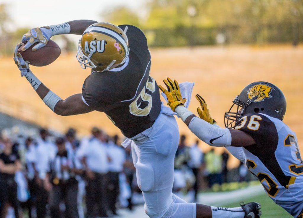 Nygel Lee came down with a touchdown grab with two seconds remaining in the first half.  Alabama State defeated UAPB 41-21 on Saturday. (Provided photo)