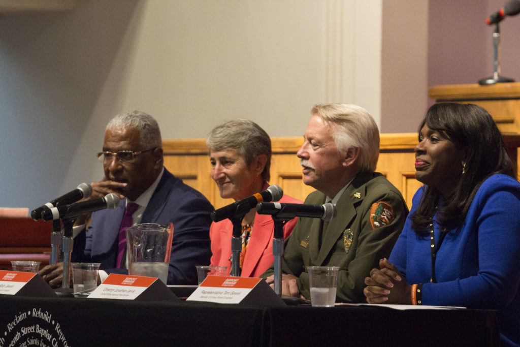 (From left) Mayor Bell, U.S. Secretary of the Interior Sally Jewell, National Parks Director Jonathan B. Jarvis and U.S. Congresswoman Terri Sewell hear the public's opinions on a national park designation in Birmingham. (Reginald Allen, for The Birmingham Times)