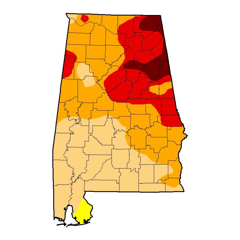 Birmingham and surrounding areas are under an advanced drought advisory. (U.S. Drought Monitor)
