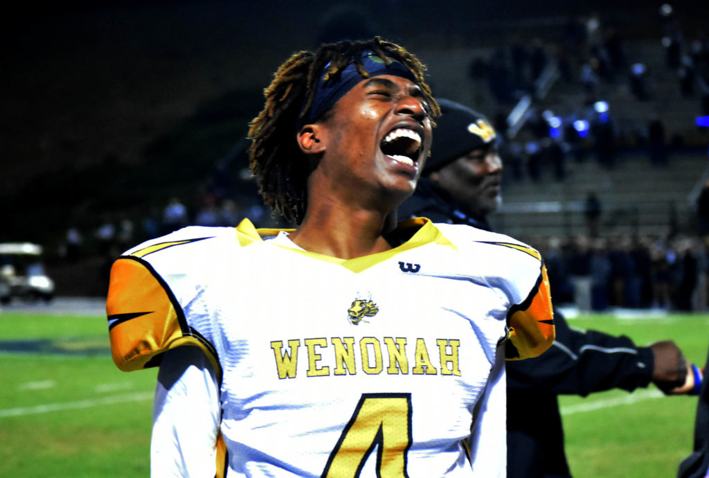 Will Moore releases a jubilant yell after his Wenonah Dragons defeated Briarwood Christian 14-8 on Friday, Nov. 25, 2016, in the Class 5A Alabama High School Athletic Association playoffs. Wenonah joins Ramsay as two Birmingham City Schools to reach football playoff title games in the same post season. (Solomon Crenshaw, special to The Birmingham Times)