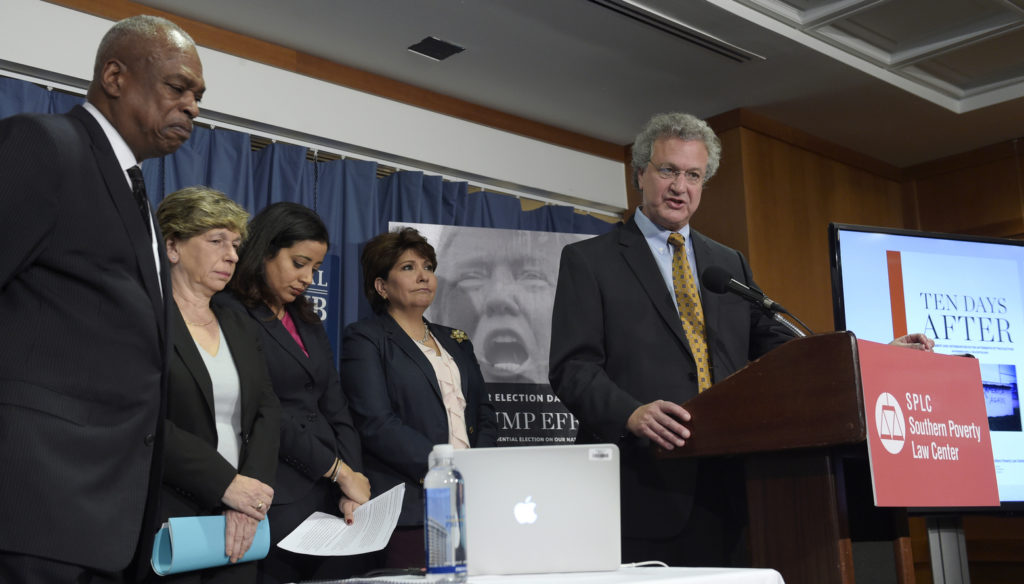 Richard Cohen, president of the Southern Poverty Law Center, right, speaks during a news conference at the National Press Club in Washington, Tuesday. Cohen, along with, from left, Wade Henderson, President and CEO of The Leadership Conference on Civil and Human Rights, American Federation of Teachers President Randi Weingarten, Brenda Abdelall, with Muslim Advocates, and Janet Murguia, the President and CEO of the National Council of La Raza, called on President-elect Donald Trump to publicly denounce racism and bigotry. (Susan Walsh, Associated Press)