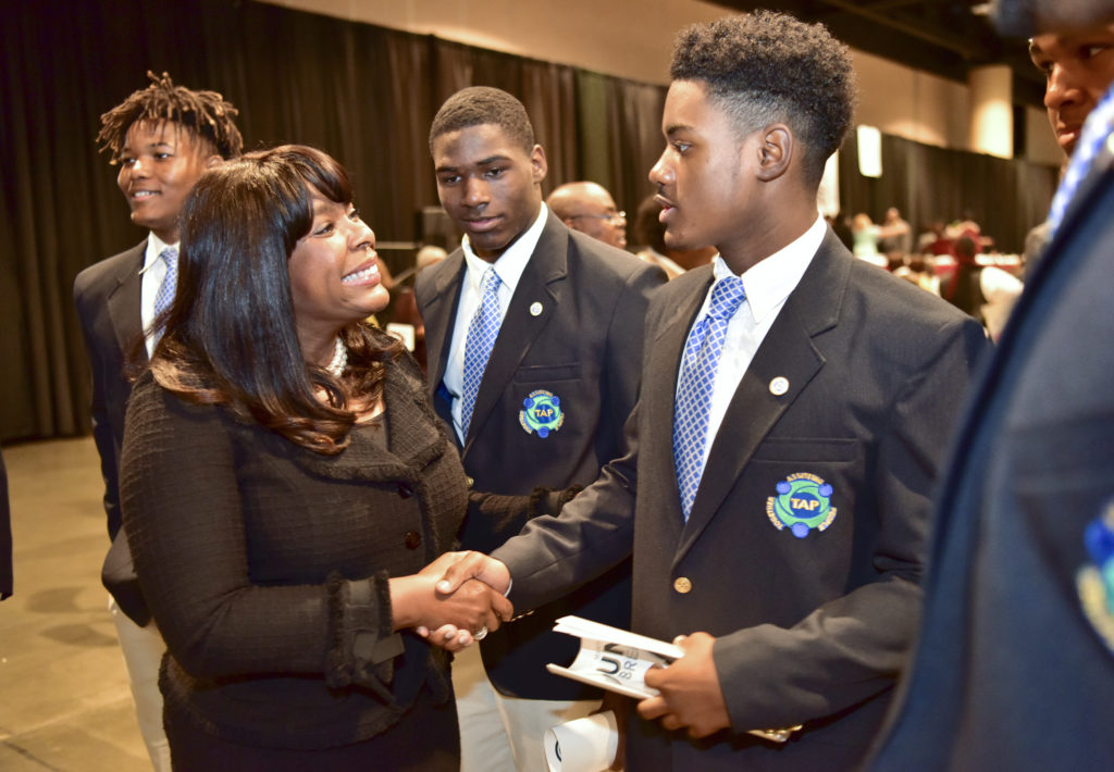 Congresswoman Terri Sewell visits with constituents at the Dr. Martin Luther King Jr. Unity Breakfast held January 15 at the Birmingham-Jefferson Civic Complex (Frank Couch, The Birmingham Times)
