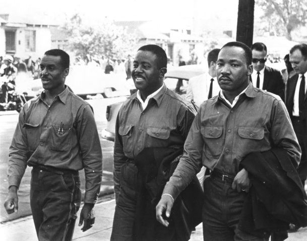 From left: Rev. Fred Shuttlesworth, Rev. Ralph David Abernaththy, Rev. Dr. Martin Luther King defying an injunction against protesting on Good Friday in 1963. They were arrested and held in the Birmingham jail where King wrote his famous "Letter From Birmingham Jail." (Birmingham Public Library)
