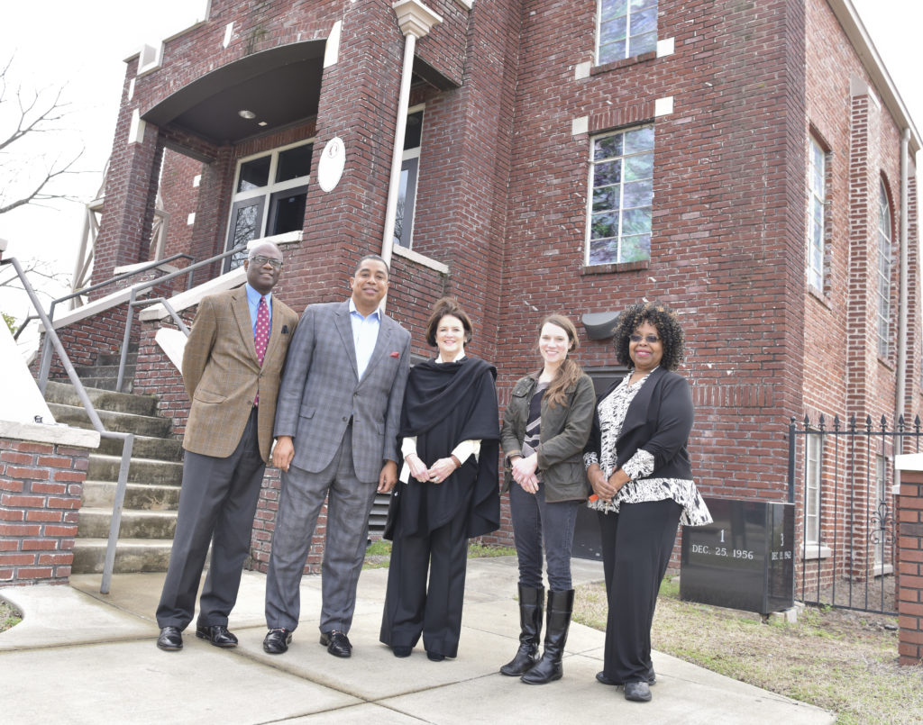 Pastor Thomas Wilder, Councilman Jay Roberson, Ann Florie, Susan Shields and Dr. Martha Bouyer meet in front of the church. (Frank Couch, The Birmingham Times)