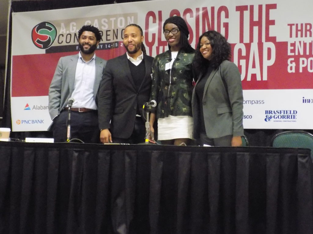 (From left) Anthony Hood, Ph.D, Assistant Professor of Strategy and Entrepreneurship at UAB’s Collat School of Business, Deontée Gordon, Director of Business Growth at REV Birmingham, Maacah Davis, Founding Publisher, Creative Director and Editor-in-Chief of belladonna magazine andMarsha Morgan, Co-Founder and former chairperson of the Birmingham Change Fund. The panelists at the A.G. Gaston conference discussed how millennials are shaping the renaissance in Birmingham. (Monique Jones, The Birmingham Times)