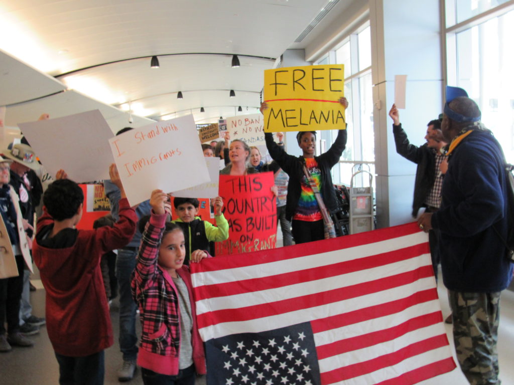 Protesters gathered Jan. 29 at the Birmingham-Shuttlesworth International Airport to oppose President Trump’s immigration ban. (Frank Couch, special to The Times)