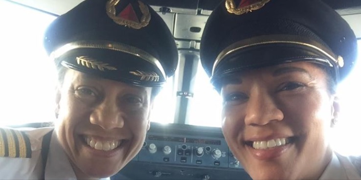 Capt. Stephanie Johnson, Delta’s first African-American female captain (left), and First Officer Dawn Cook manned Delta's first all-black female cockpit on a flight from Detroit to Las Vegas. (Delta Airlines)