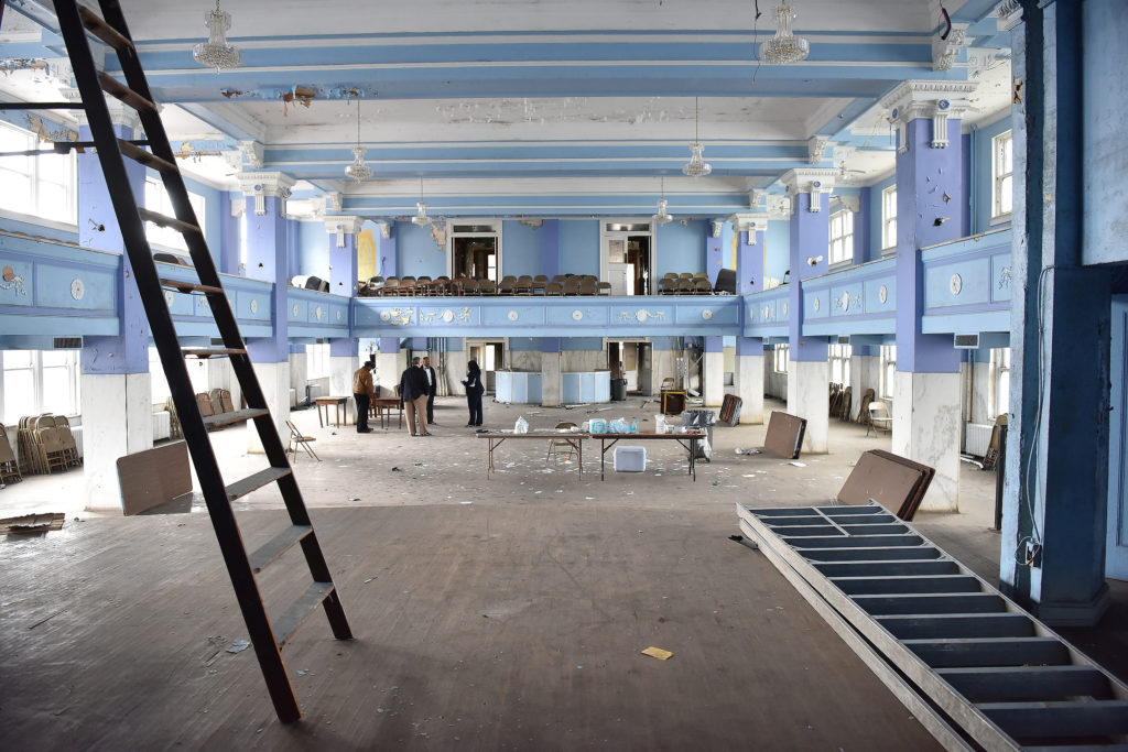 A look from the stage into the grand ballroom. Efforts to restore the Prince Hall Grand Lodge of Alabama building on 4th Avenue North in Birmingham, Alabama are underway. Built in 1922 historic building was once teaming with professional offices for attorneys and health care providers serving the black community in Birmingham. (Frank Couch, The Birmingham Times)