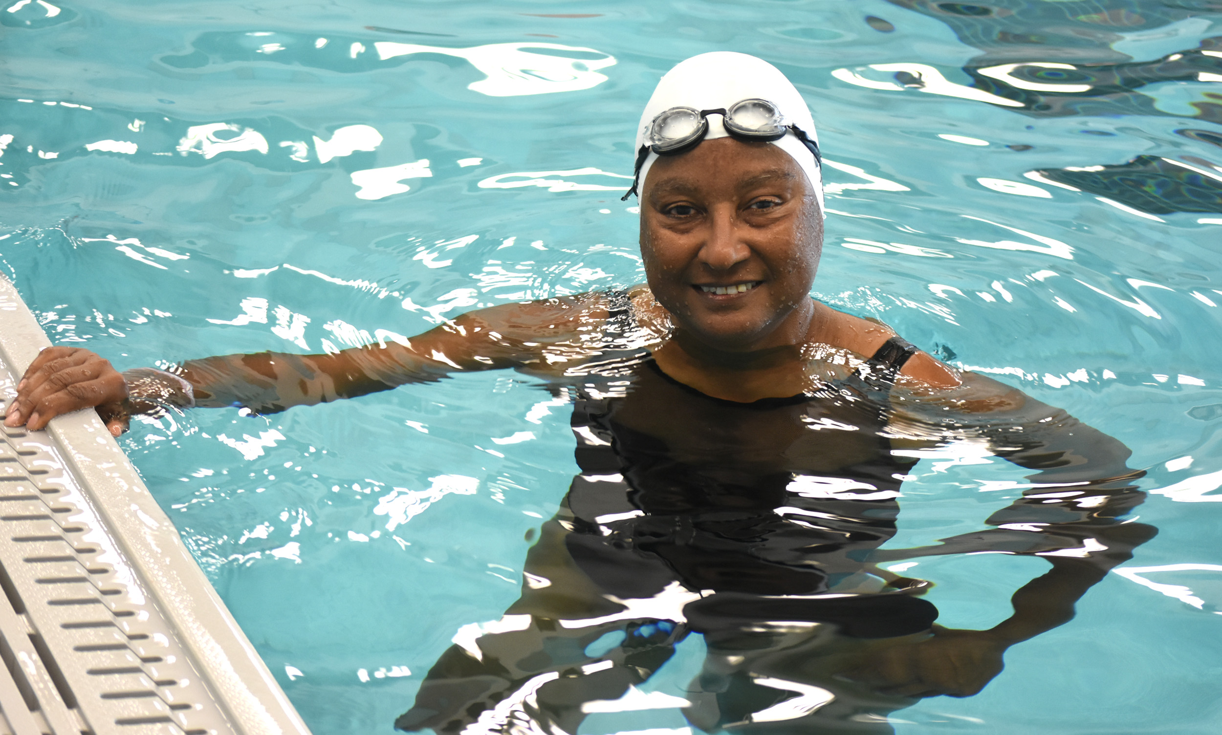 Myrna Moline gets set to practice in the pool at the Bessemer Recreation Center. The New Orleans native and South Titusville resident prepares for the National Senior Games this week in Birmingham. (Solomon Crenshaw Jr./For The Birmingham Times).