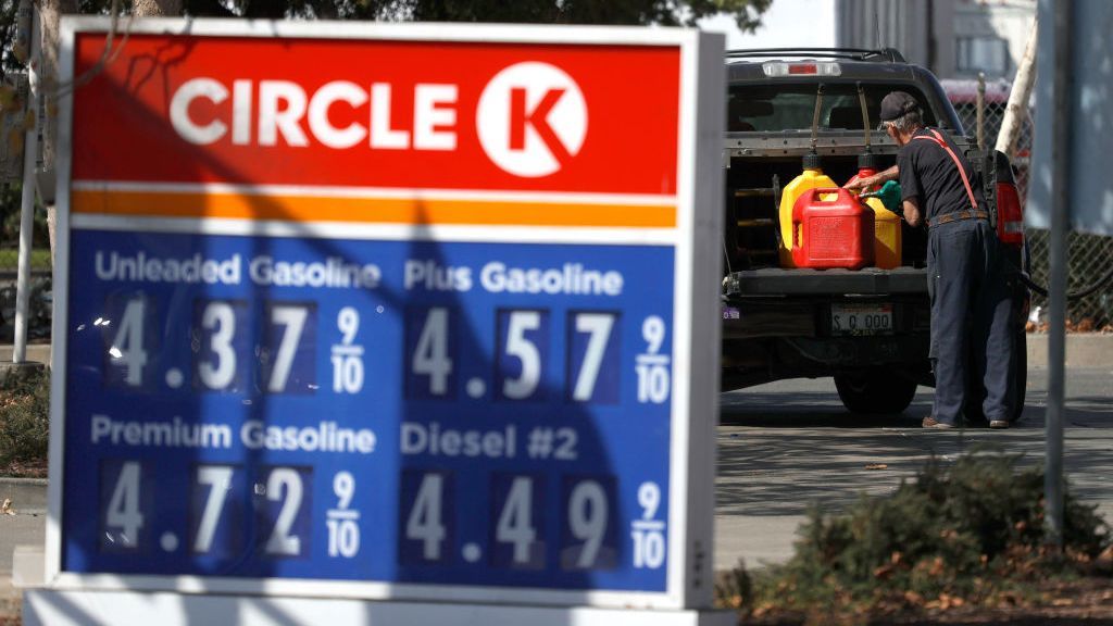 Gas prices approaching $5 a gallon are displayed in front of a Circle K gas station on Oct. 05, 2021, in San Rafael, California. Gas prices in the U.S. are continuing to rise to the highest level since 2014. According to AAA, the national average for a gallon of regular unleaded gasoline inched up over $1 per gallon more than one year ago. (Justin Sullivan/Getty Images)