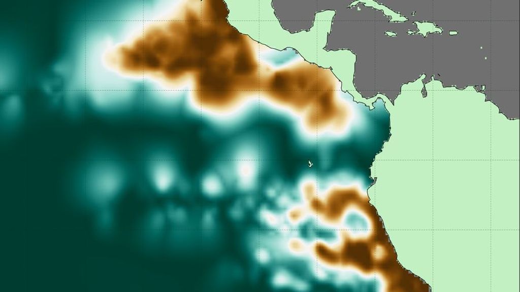 In this image showing the intensity of oxygen-deficient zones, copper colors represent the lowest oxygen concentrations in the eastern Pacific Ocean, while deep teal indicates regions without low oxygen. (Jarek Kwiecinsky, Andrew Babbin, MIT)