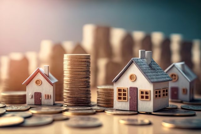 many houses with a lot of coin stack, idea for property investment, income , tax, and passive income, Generative Ai